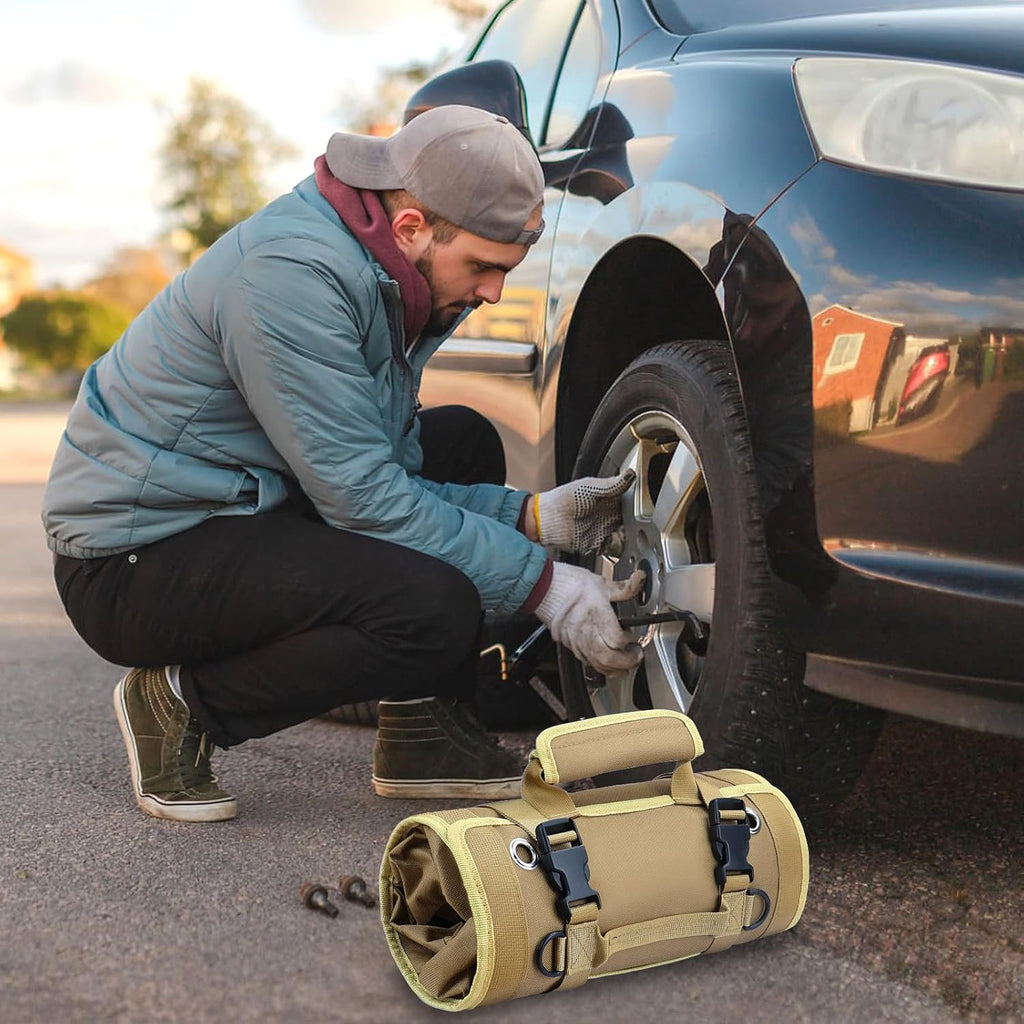 Roll up Tool Bag, Heavy Duty Tool Organizer with 2 Detachable Pouches, Father'S Day Gifts for Dad, Durable Tool Storage for Men Women, Perfect for Husband, Handyman, RV Owners, Dad Birthday, Khaki