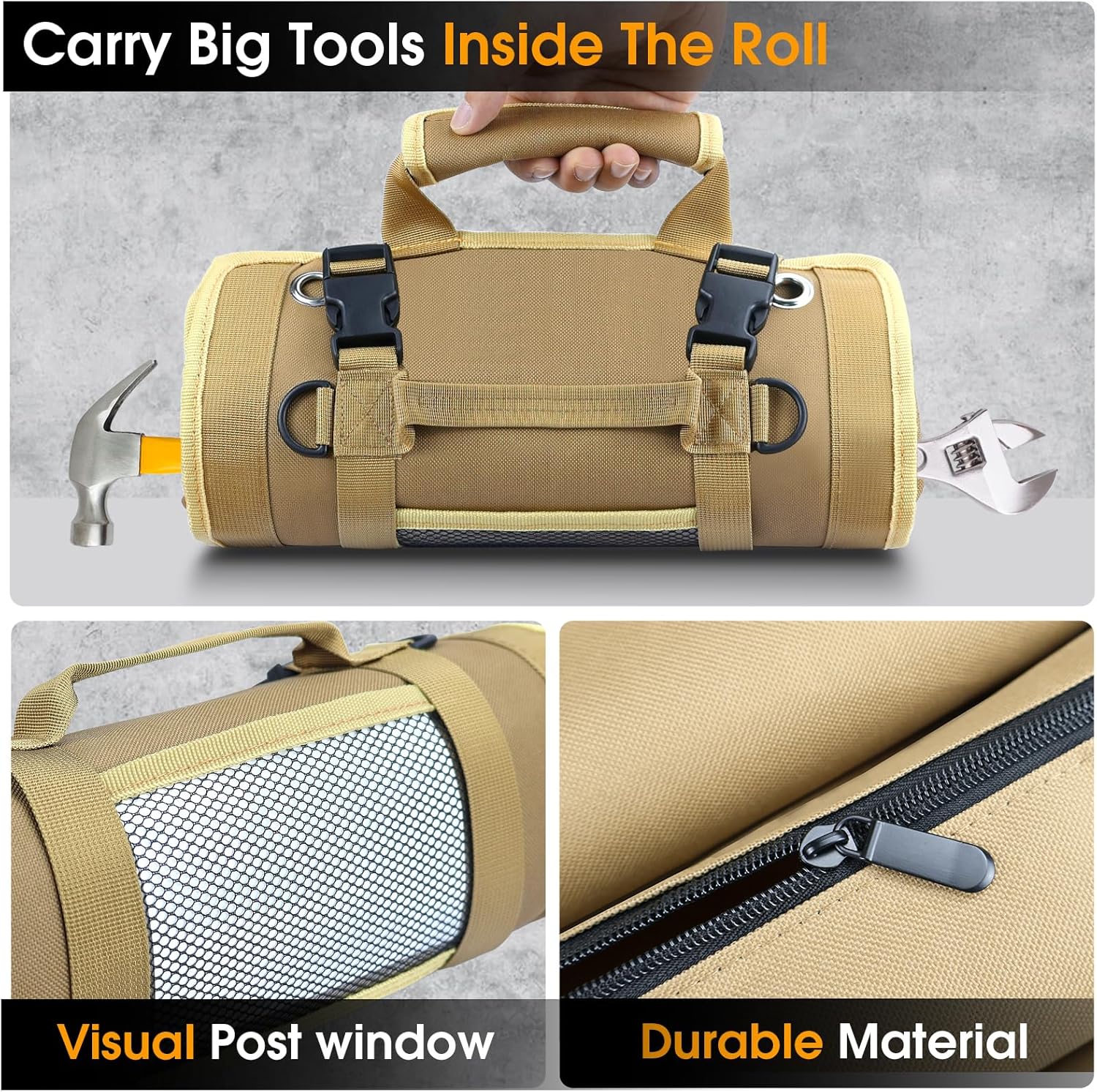 Roll up Tool Bag, Heavy Duty Tool Organizer with 2 Detachable Pouches, Father'S Day Gifts for Dad, Durable Tool Storage for Men Women, Perfect for Husband, Handyman, RV Owners, Dad Birthday, Khaki