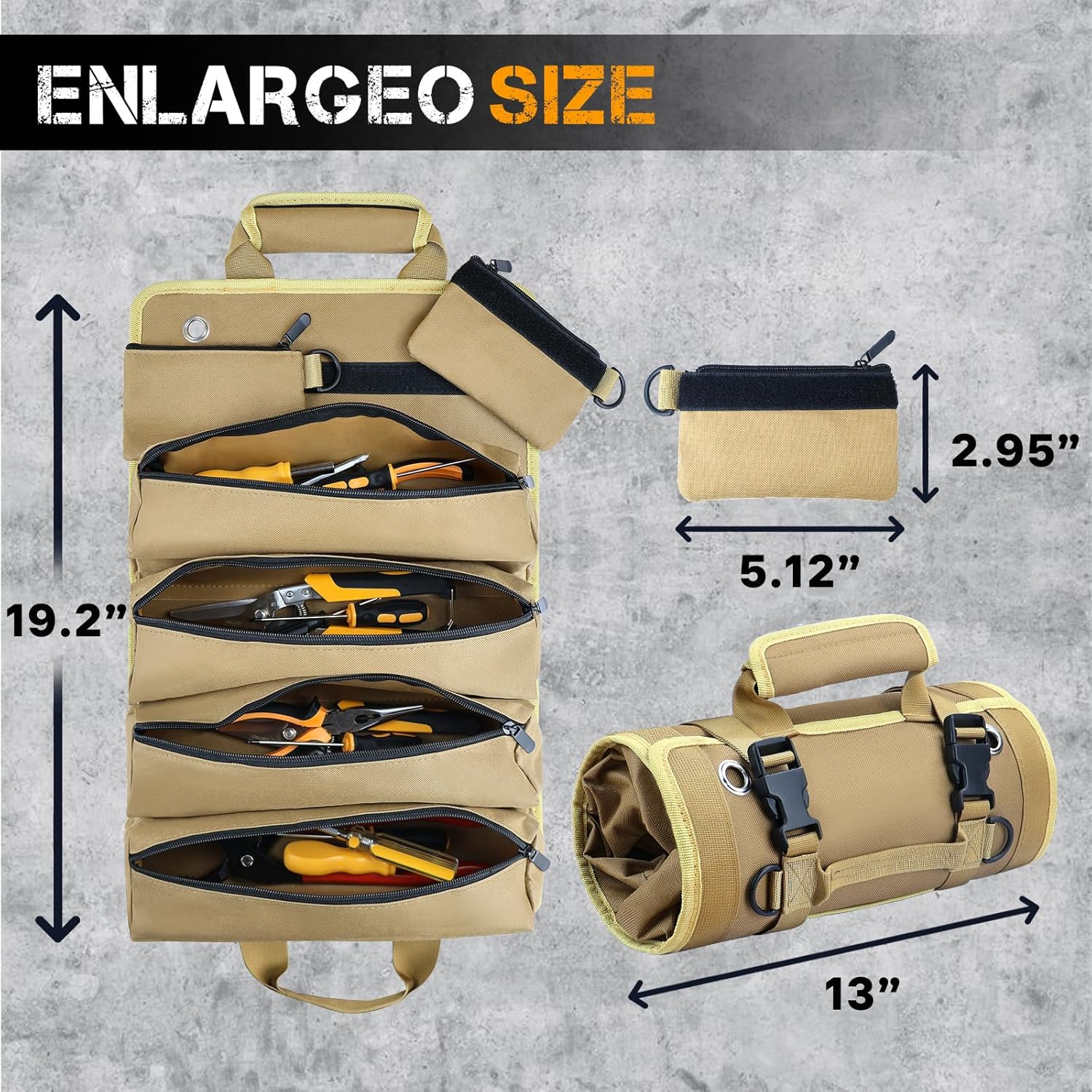 Roll up Tool Bag, Heavy Duty Tool Organizer with 2 Detachable Pouches, Father'S Day Gifts for Dad, Durable Tool Storage for Men Women, Perfect for Husband, Handyman, RV Owners, Dad Birthday, Khaki