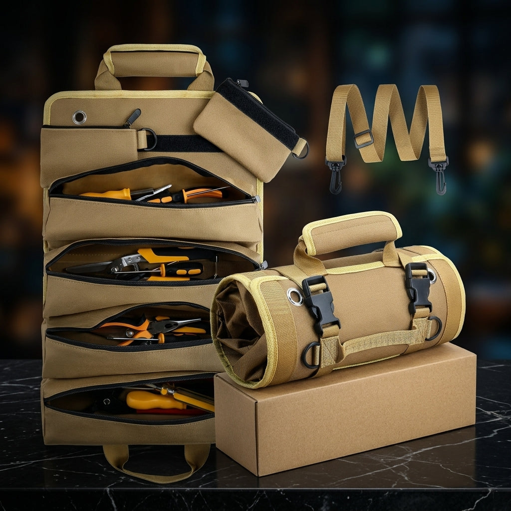 Roll up Tool Bag, Heavy Duty Tool Organizer with 2 Detachable Pouches, Father's Day Gifts for Dad